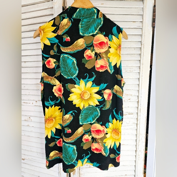 Vintage 90s Sunflower Print Floral Sleeveless Rayon Blouse Medium - Picture 6 of 10